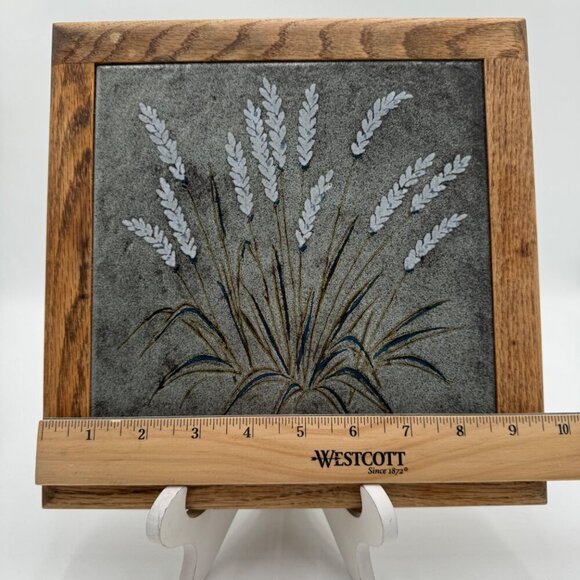 Vintage MCM Mid Century Modern Oak Wood Framed Wheat Tile Kitchen Trivet Italian - Picture 2 of 3